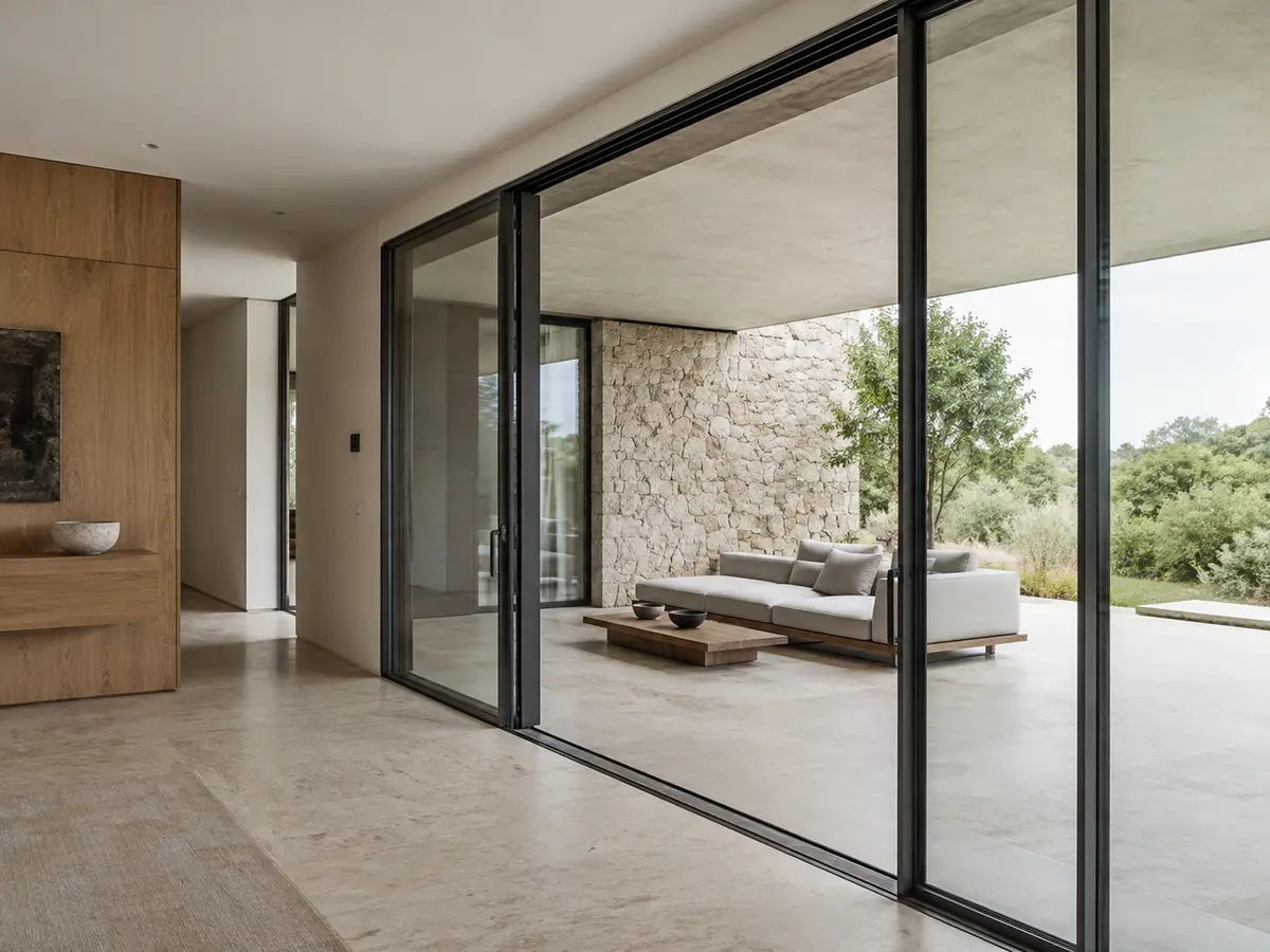 Infissi in alluminio scuro con grande vetrata verso il giardino