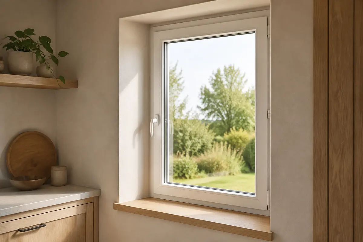 Infisso in PVC bianco in un interno luminoso
